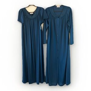 Vintage Shadowline NWT Gown & Robe Set M Autumn Blue Long‎ Lace Trim Nylon